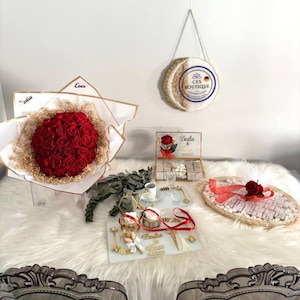 Personalized Engagement and Promise Set - Flower Bouquet, Custom Chocolate Box & Tray for Proposal Ceremony - Kız İsteme ve Nişan Seti
