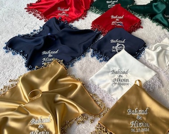 Personalized Wedding Handkerchiefs with Beads - Custom Bride and Groom Handkerchiefs - Perfect for Henna Night, Wedding or Engagement