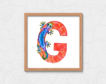 Aquarell G für Gecko, personalisierbares Alphabet für Digitaldruck