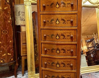 Carved and Inlay Decorated French Style Tallboy.
