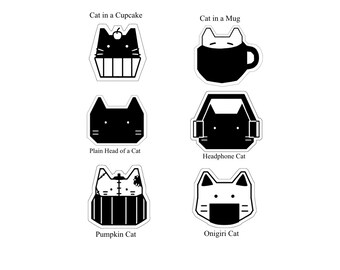 Pode incluir: Seis ilustrações em preto e branco de gatos em diferentes cenários. A primeira imagem mostra um gato em um cupcake, a segunda mostra um gato em uma caneca, a terceira mostra a cabeça de um gato, a quarta mostra um gato usando fones de ouvido, a quinta mostra um gato em uma abóbora e a sexta mostra um gato em um onigiri.