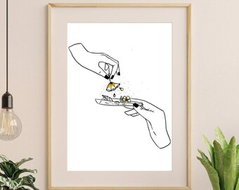 May include: A black and white line drawing of two hands rolling a joint. One hand is holding a small amount of golden yellow flower petals, while the other hand is rolling a paper with the petals inside.