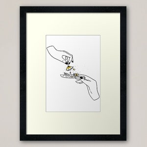 May include: Line drawing of two hands rolling a joint. The hands are drawn in black ink, and the joint is filled with yellow and green.
