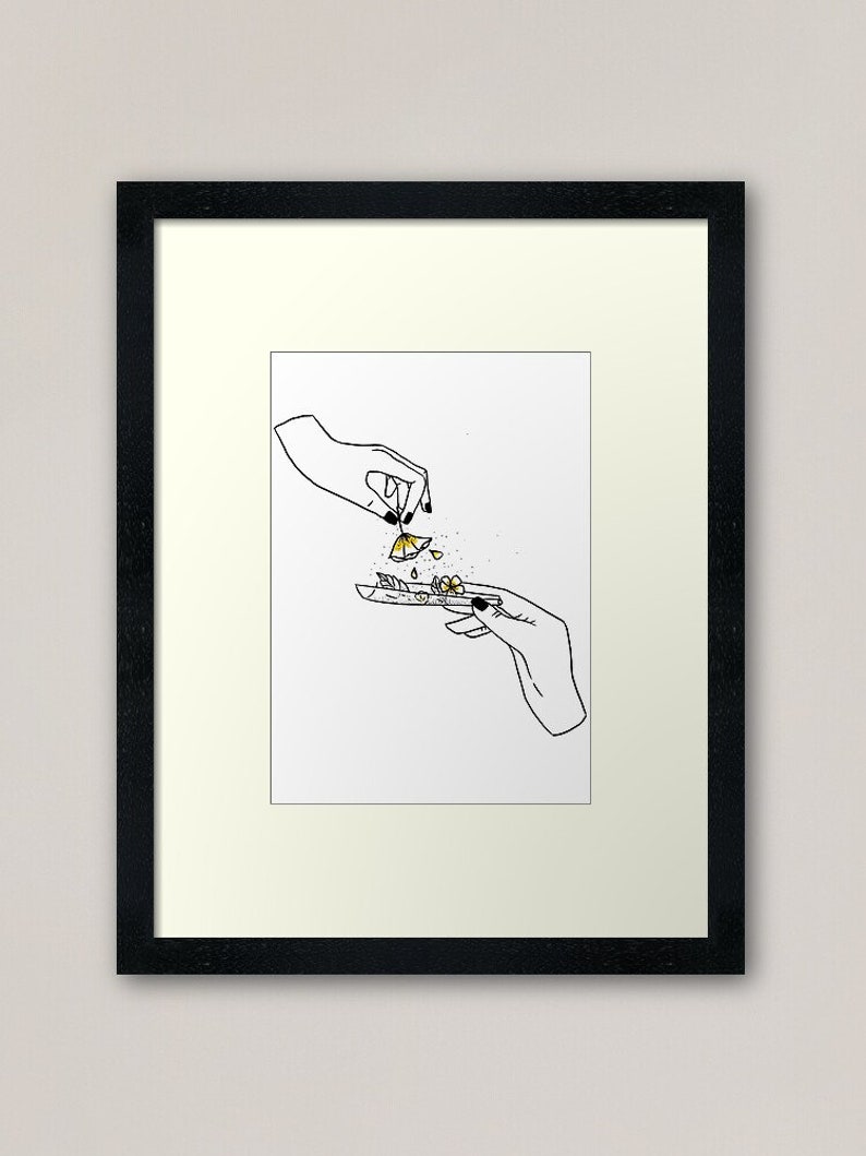 May include: Line drawing of two hands rolling a joint. The hands are drawn in black ink, and the joint is filled with yellow and green.