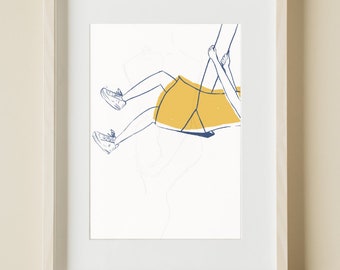 May include: A framed illustration of a person swinging on a swing. The person is wearing a yellow skirt and has their legs in the air. The illustration is in a white frame.