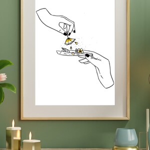 May include: A black and white line drawing of two hands rolling a joint with yellow flowers. The flowers are falling from the hand on the top of the image.