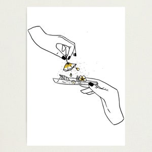 May include: A black and white line drawing of two hands, one holding a flower and the other rolling a joint with yellow flowers inside.