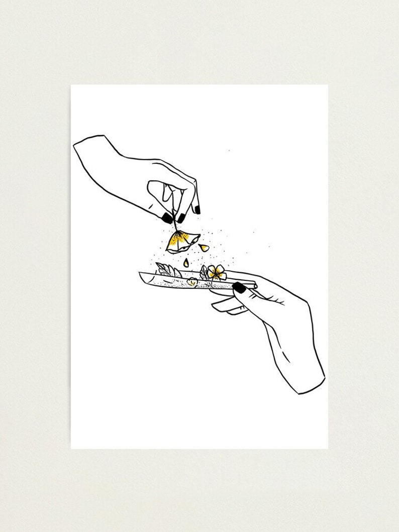 May include: A black and white line drawing of two hands, one holding a flower and the other rolling a joint with yellow flowers inside.