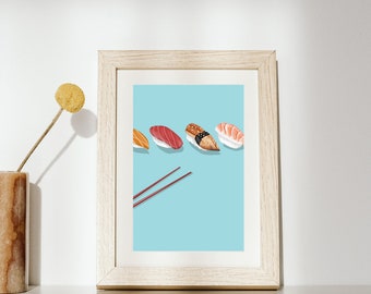 May include: A framed print of a minimalist illustration of sushi on a light blue background. The illustration features five pieces of sushi, including salmon, tuna, and yellowtail, arranged in a row. A pair of chopsticks are placed diagonally across the image.