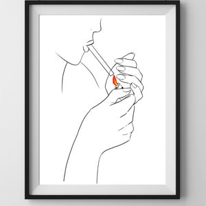 Woman Lighting Cigarette Line Drawing, Smoke, Printable Art, Abstract Wall Art, Digital Download