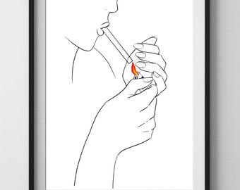 May include: Line art drawing of a person lighting a cigarette with a lighter. The drawing is in black and white with a red flame.