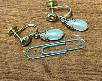 Drop Pearl Screw Back Earrings