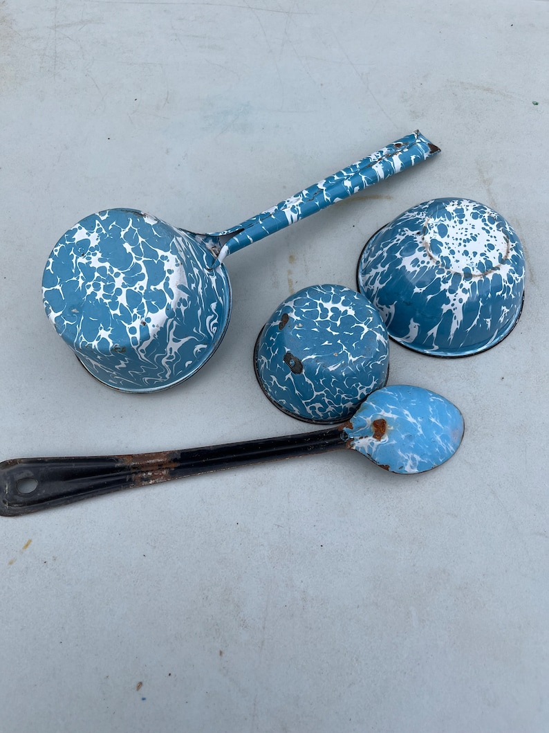 Blue & White Enamelware Bowls and Spoon - Etsy