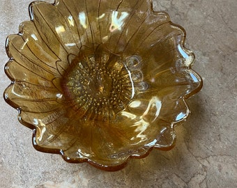 Amber Carnival Glass Round Bowl Shaped as a Flower