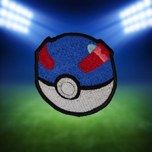 May include: Embroidered patch with a blue and white ball design and red accents. The patch has a black border and a circular shape. The design is inspired by a popular animated series.