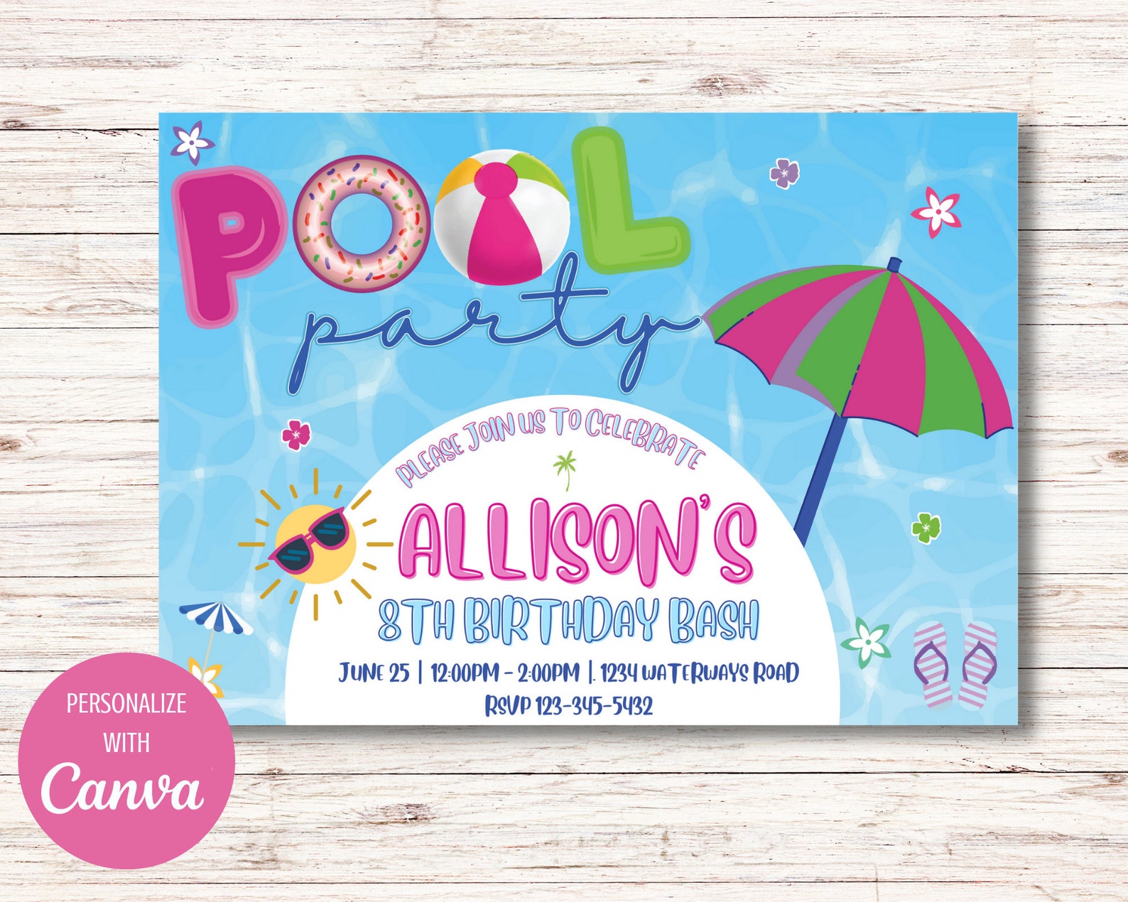 Kids Birthday Pool Party Printable Template Invitation, Editable on ...