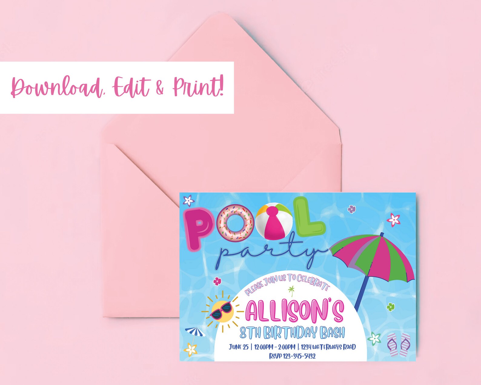 Kids Birthday Pool Party Printable Template Invitation, Editable on ...