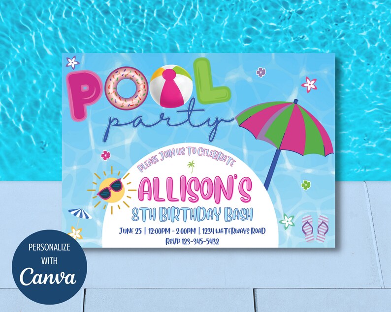 Kids Birthday Pool Party Printable Template Invitation, Editable on ...