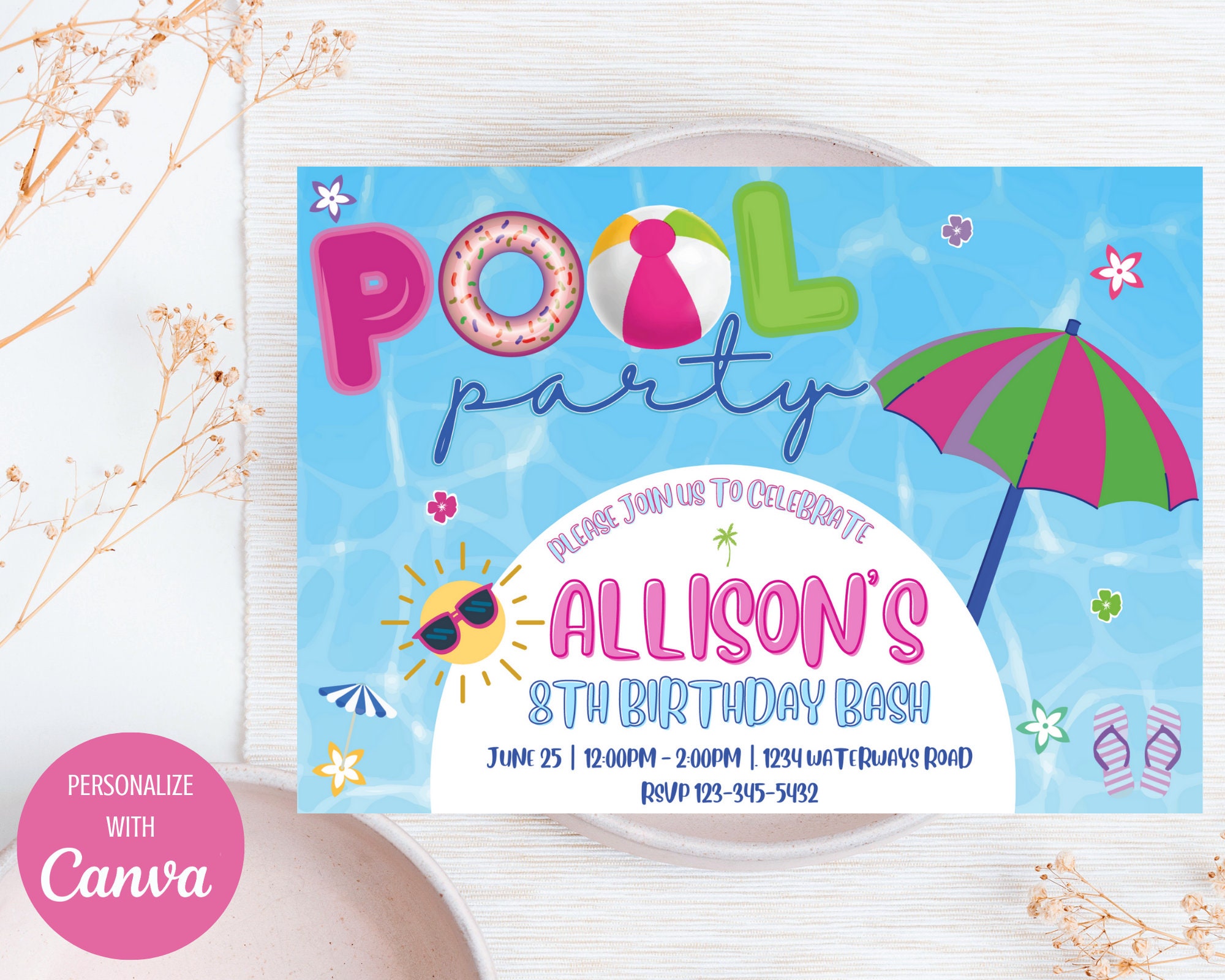 Kids Birthday Pool Party Printable Template Invitation, Editable on ...