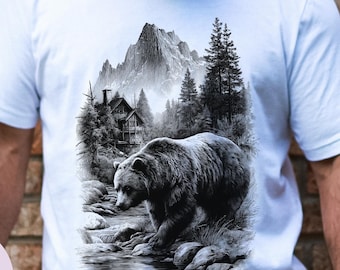 Grizzly Bear Mountain Cabin T-shirt, utomhusäventyr med grafisk design