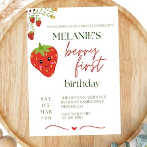 Berry First Birthday Invitation, Editable Strawberry Invite,Berry birthday invitation,sweet celebration birthday invite, strawberry birthday