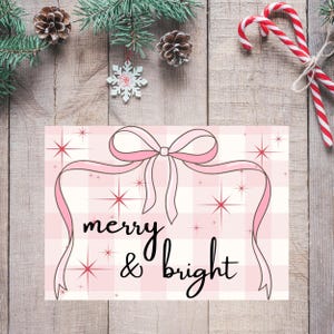 Merry and Bright tag, Coquette gift tag, Holiday tag, Pink Gingham Tag, Coquette Pink Bow, Printable Christmas Gift tag, Bow tag
