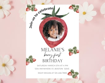 Berry First Birthday Invitation, Strawberry Theme, Photo Invite (Digital Download)