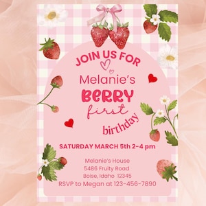 Coquette Berry First Birthday Invitation, Editable Strawberry Invite,pink check berry first birthday invite,pink gingham birthday invite
