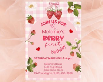 Coquette Berry First Birthday Invitation, Editable Strawberry Invite,pink check berry first birthday invite,pink gingham birthday invite