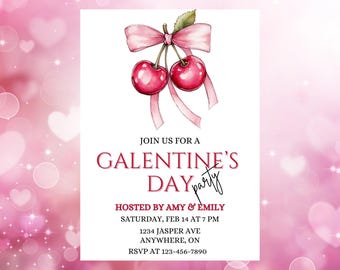 Faire-part Cherry Bow Galentine's, soirée coquette entre filles (téléchargement numérique)