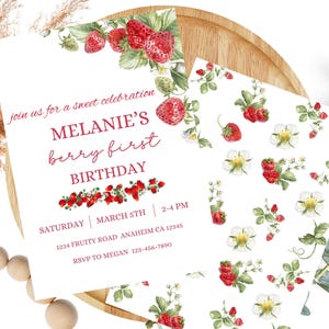 Berry First Birthday Invitation, Editable Strawberry Invite,Berry birthday invitation,sweet celebration birthday invite, strawberry birthday