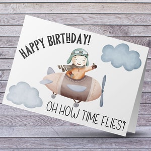 Joyeux anniversaire Oh combien le temps passe vite carte d'anniversaire pour garçon, téléchargement de carte d'anniversaire imprimable pour les enfants, carte d'anniversaire d'avion pour les garçons