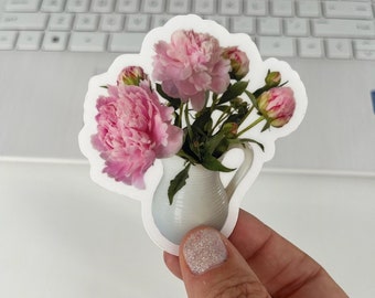 Peonies in White Vase Sticker 3x3in