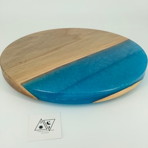 Lazy Susan Kitchen Table Centerpiece 14” Round Rustic Walnut with Ocean Blue Epoxy Resin
