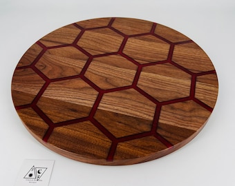 Honeycomb Red Lazy Susan Turntable Rustic Walnut 17" Round