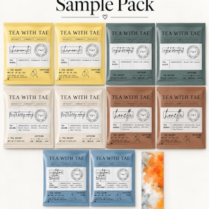 May include: A sample pack of ten Tea With Tae tea sachets in various colors including yellow, green, cream, brown, and blue. Each sachet features the brand name, flavor, ingredients, and net weight of .07 oz. A small rectangular card with an orange and gray watercolor pattern is included.