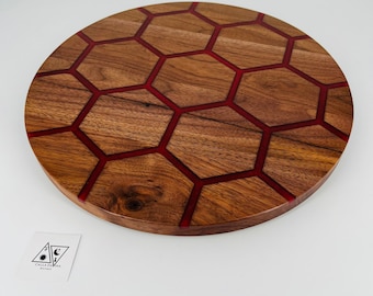Honeycomb Red Lazy Susan Turntable Rustic Walnut 17" Round