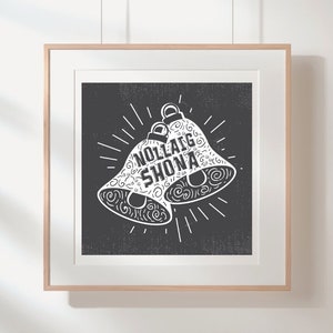 Nollaig Shona Christmas Bells | Irish Christmas Card, Wall art, Irish Christmas Poster,Digital Download, Christmas As Gaeilge, Lino cut
