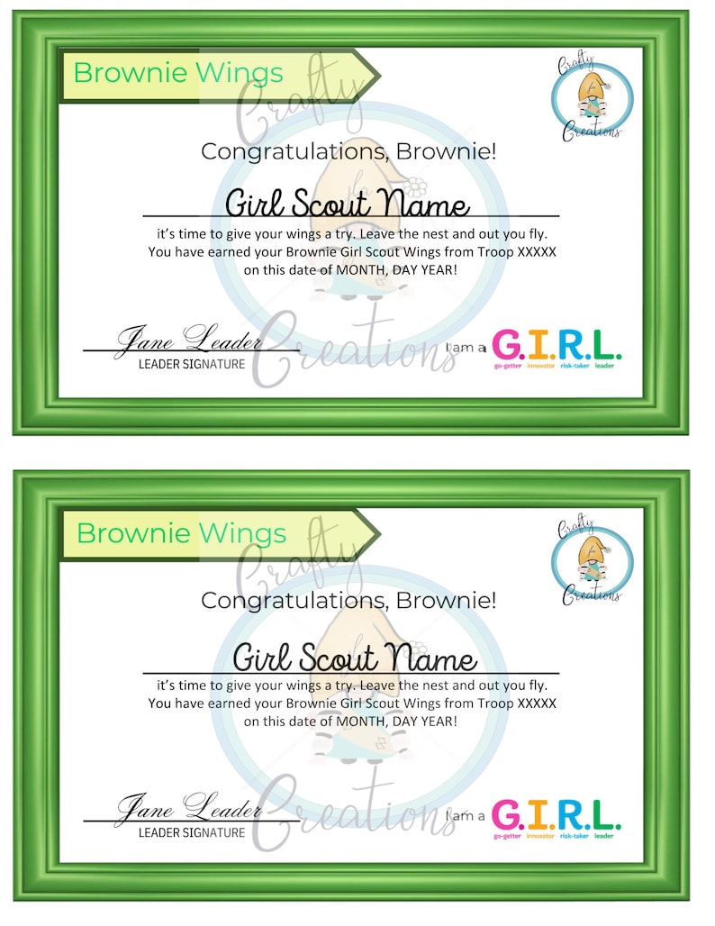 Girl Scout Brownies Wings Certificate 2 per Page Editable Etsy