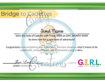 Girl Scout Bridge to Cadettes Certificate | 2 Per Page | Editable Template |