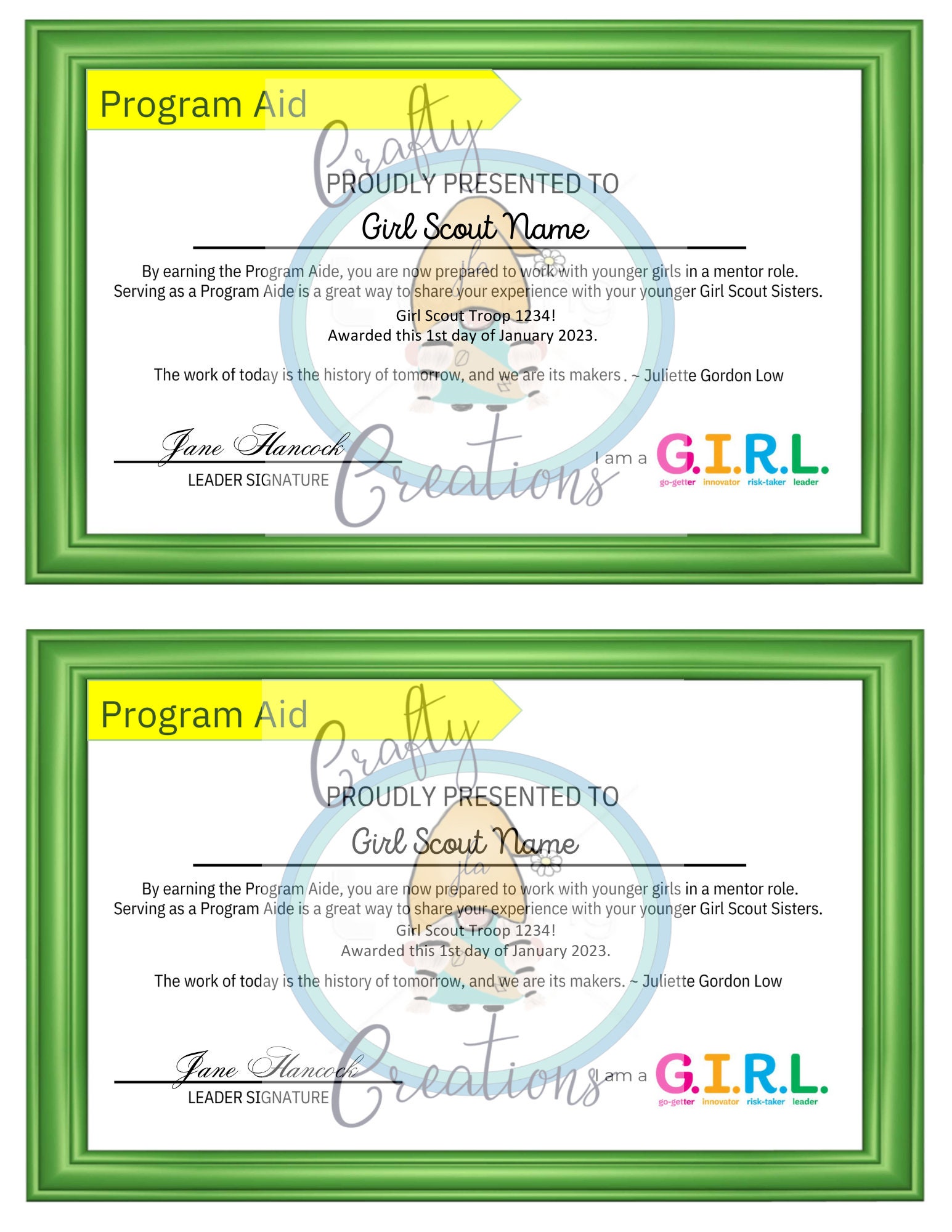 Girl Scout Program Aide Certificate 2 per Page Editable Template Etsy