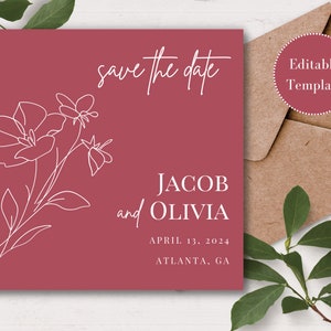 Printable Save the Date Template, Modern Floral Design, Digital Download, Customizable, Canva