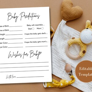 Plantilla imprimible de tarjeta de deseos y predicciones de bebés de género neutro, descarga digital, personalizable, Canva