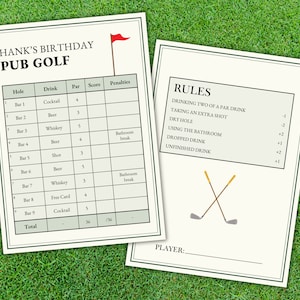 Plantilla imprimible de cuadro de mando de golf de pub estilo golf clásico, despedida de soltero, fiesta de cumpleaños, descarga digital personalizable, editable, Canva