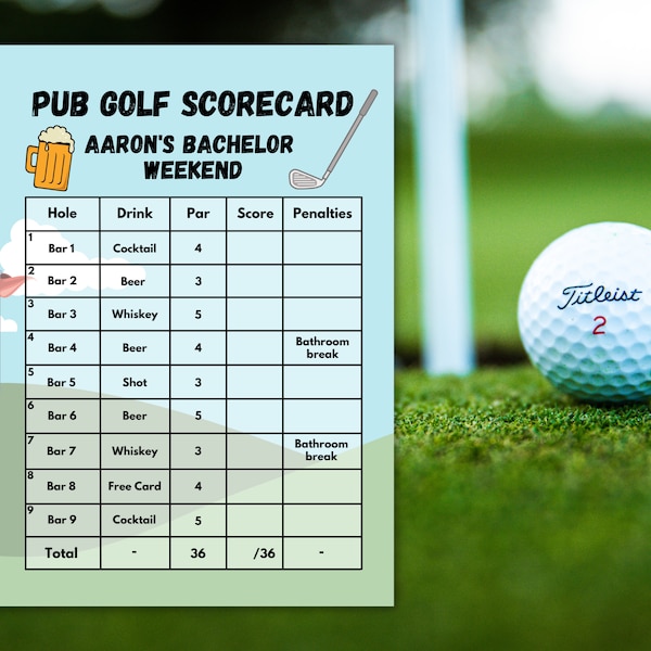 Printable Pub Golf Scorecard Template, Bachelor Party, Customizable Digital Download, Canva