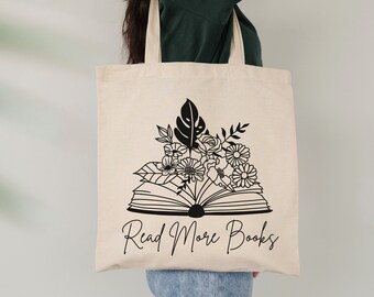 Floral book tote bag, Retro market bag, Books Tote Bag For Reader, Birthday Gift For Bookworm, Book Lover School Tote Bag