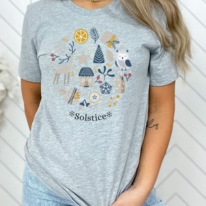 Winter Witch Tee, Winter solstice Christmas T-Shirt, Mystical Nordic whimsical woodland creatures, Doodle Christmas Top, Winter Wonderland image 3