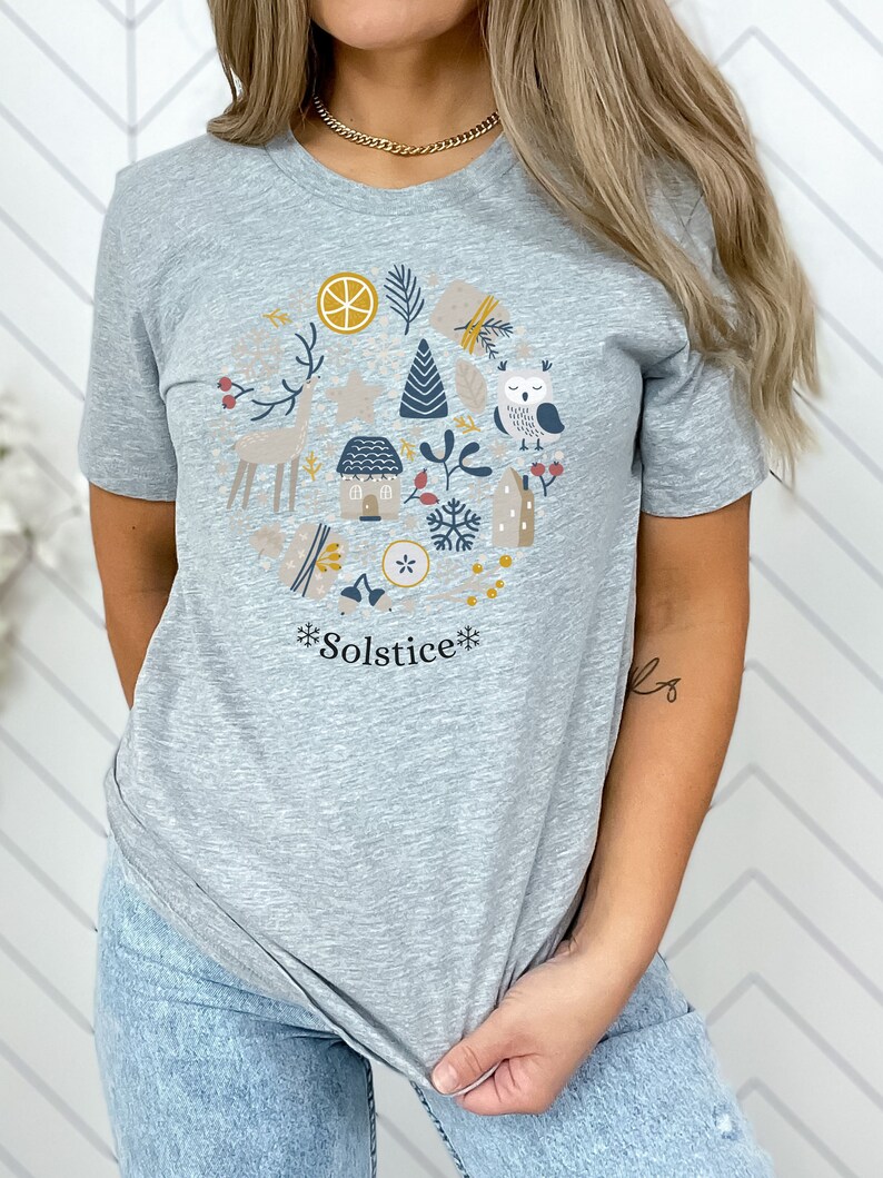 Winter Witch Tee, Winter solstice Christmas T-Shirt, Mystical Nordic whimsical woodland creatures, Doodle Christmas Top, Winter Wonderland image 3