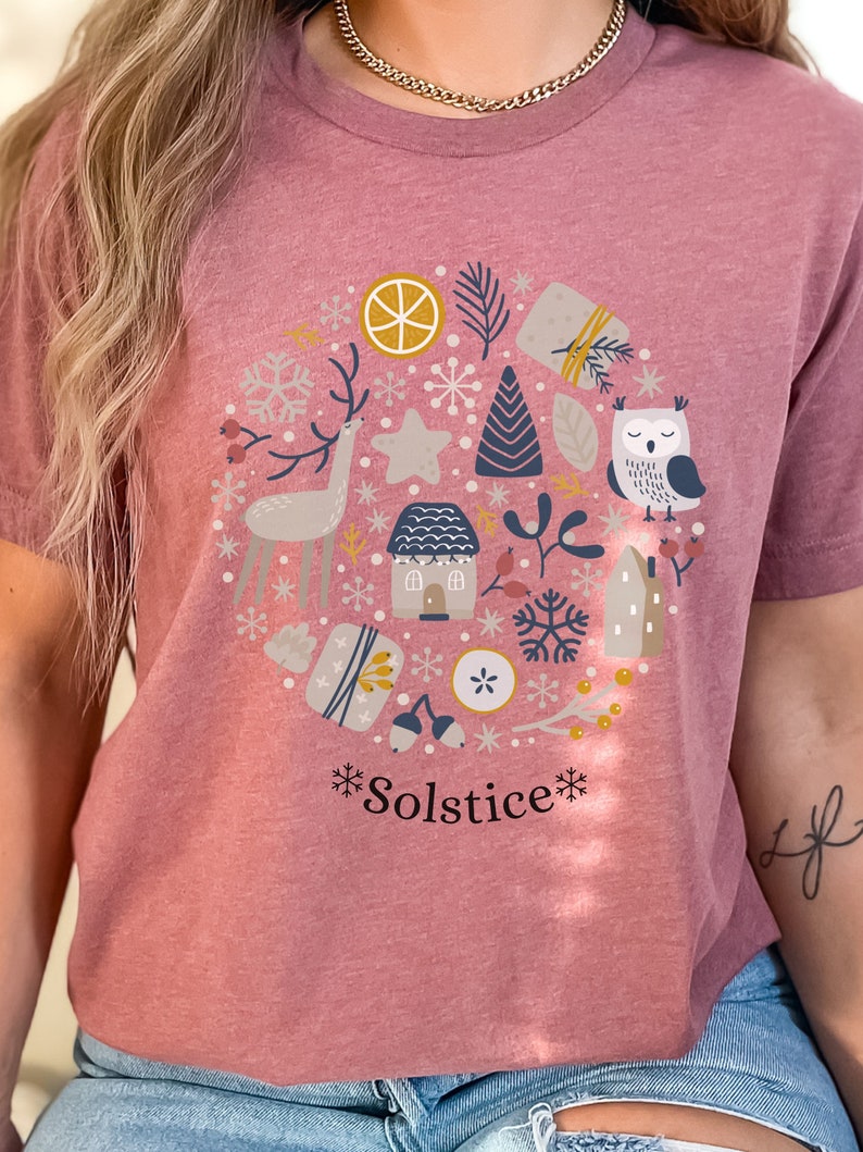 Winter Witch Tee, Winter solstice Christmas T-Shirt, Mystical Nordic whimsical woodland creatures, Doodle Christmas Top, Winter Wonderland image 4