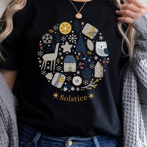 Winter Witch Tee, Winter solstice Christmas T-Shirt, Mystical Nordic whimsical woodland creatures, Doodle Christmas Top, Winter Wonderland image 7